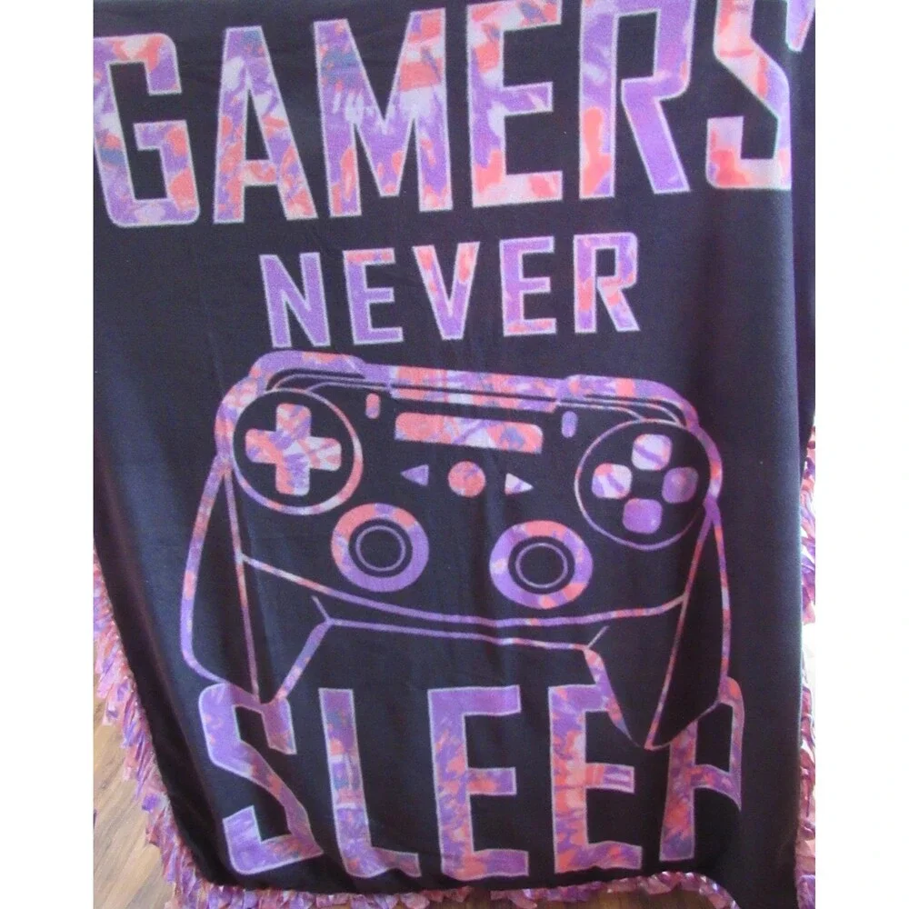 Gamers Never Sleep Black and Tie Dye Soft Fleece Handmade Tie Blanket NWOT
